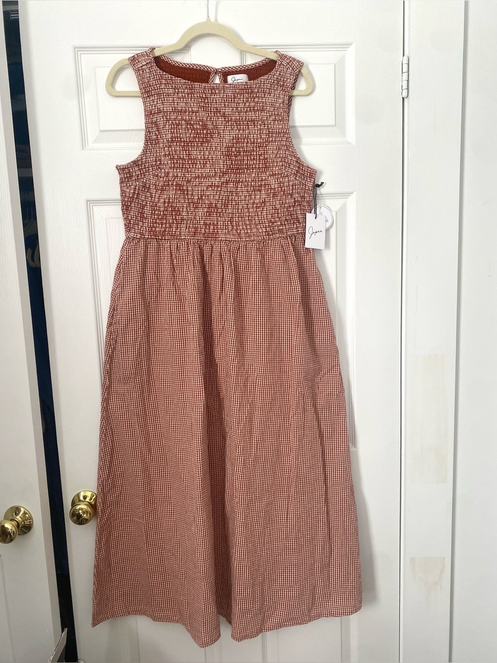 NWT Japna Rust Gingham Sleeveless Smocked Midi Dress 100% Cotton Size Large